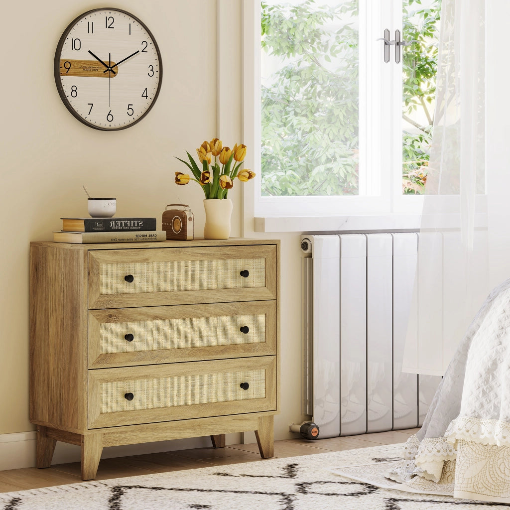 Cassettiera con 3 Cassetti in Legno e Frontale in Rattan ¨C Minimal ¨C 80x35x76 cm Colore Naturale