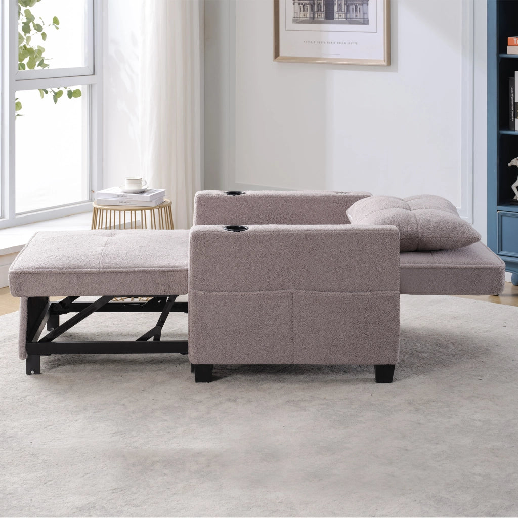 Divano letto 3 in 1 con schienale reclinabile portabicchieri porta USB per piccoli spazi in legno e metallo grigio