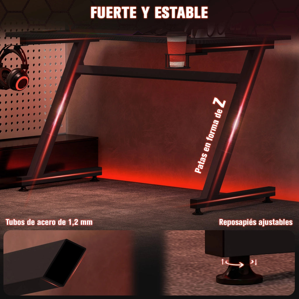 Scrivania Gaming Ergonomica ¨C Xylo ¨C Nero Effetto Fibra Carbonio 120x65x74.5cm con Portavasos e Supporto Cuffie