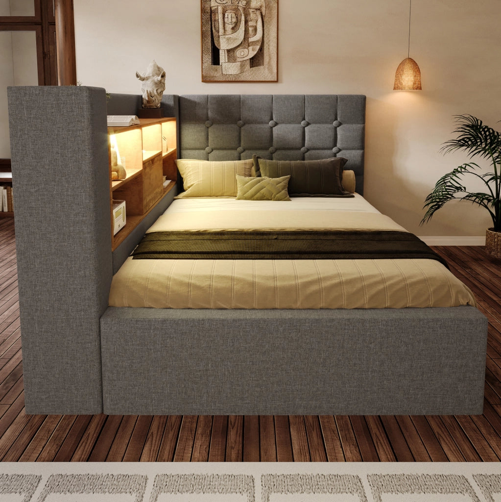 Letto singolo 90x200 cm con LED; contenitore idraulico e materasso; grigio