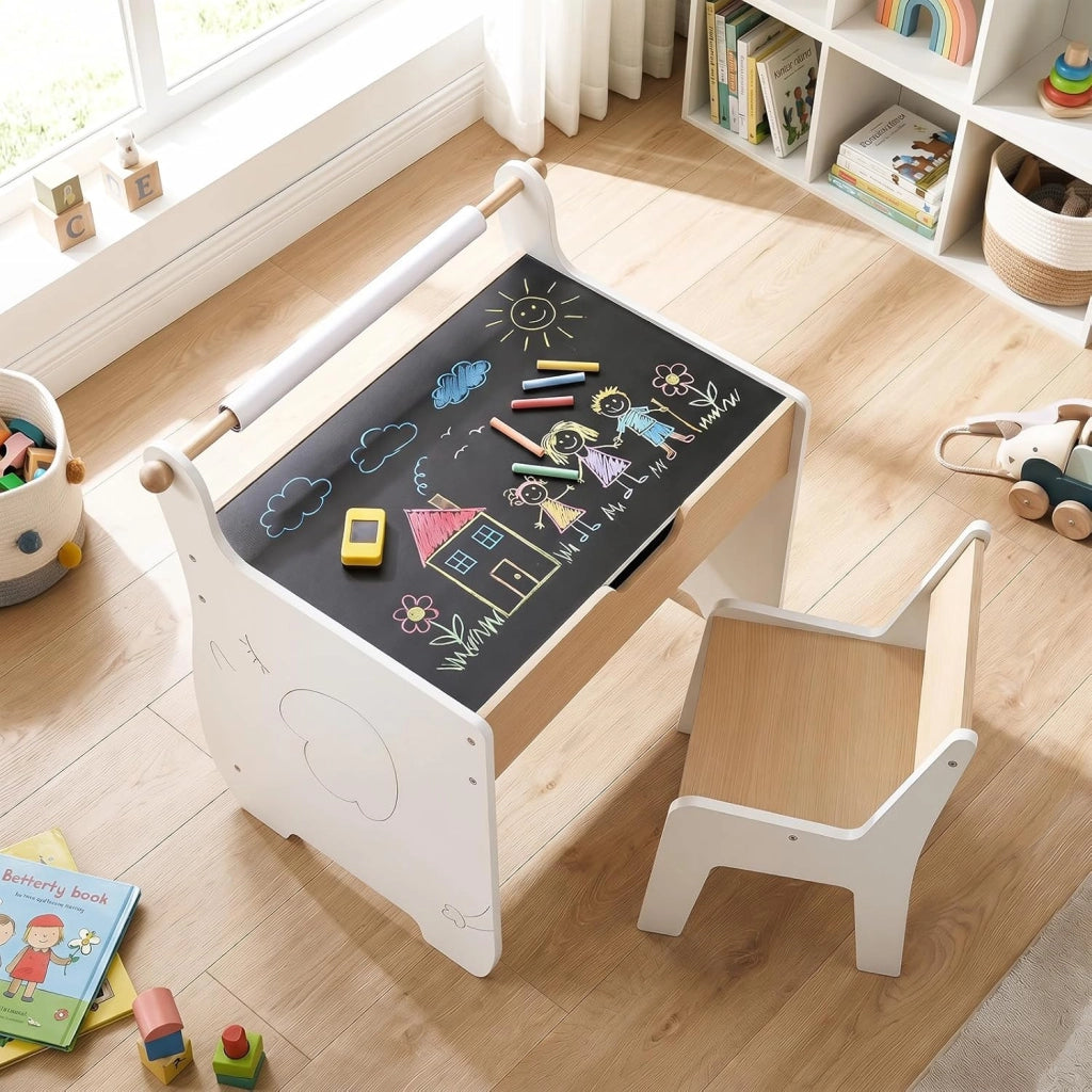 Set Tavolo e Sedia per Bambini 2 in 1, Set con Scrivania e Sedia in Legno per Bambini con Piano Rimovibile, Spazio di Archiviazione e Porta Rotolo di Carta per Aula e Cameretta (Bianco)