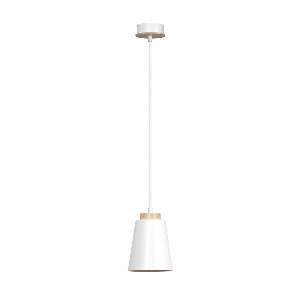 Sospensione 1 Luce Lancillotto A Cono In Acciaio Bianco E Legno Naturale