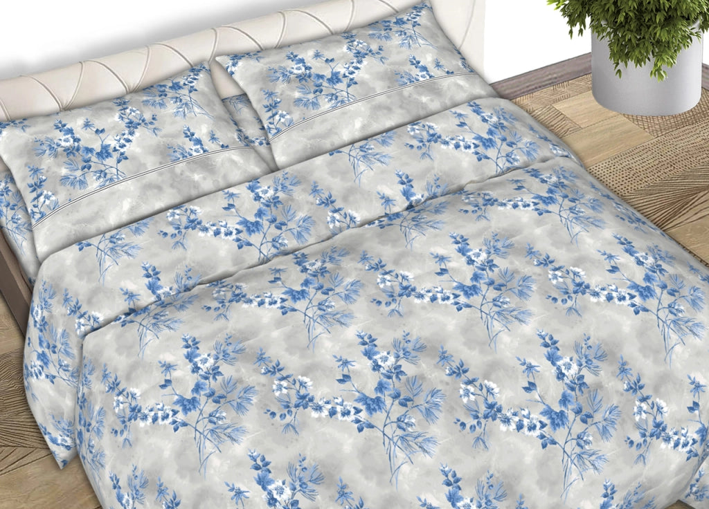 Completo Lenzuola Letto Matrimoniale 100% Cotone Made Italy In Varie Fantasie Fiorate C.N - Matrimoniale - Coppery Blu