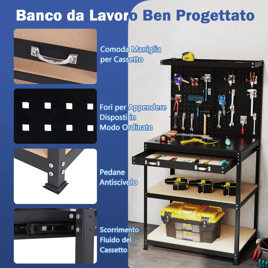 Banco da Lavoro con Piano da 80 x 40 cm, Banco da Lavoro Officina con Pannello Forato e 20 Ganci Porta Attrezzi, Tavolo da Lavoro per Garage con Cassetto e 2 Mensole (Nero)