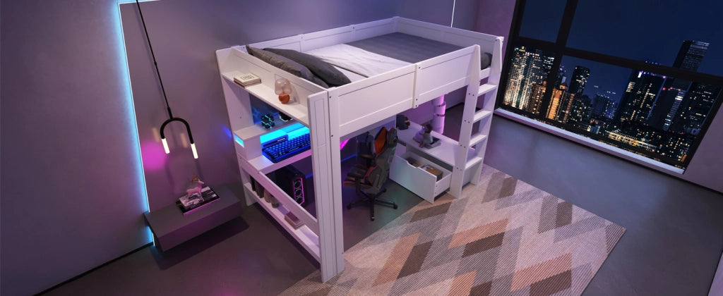 DESMIU Letto a Soppalco Matrimoniale con Scrivania, Cassetto, Mensole e LED 140 × 200 cm, Senza Materasso