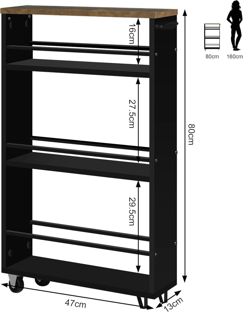 Carrello da Cucina a 3 Ripiani, Scaffale Stretto con Ruote Bloccabili e Maniglia, Carrellino Salvaspazio Multiuso in Legno e Metallo, Nero e Marrone Vintage