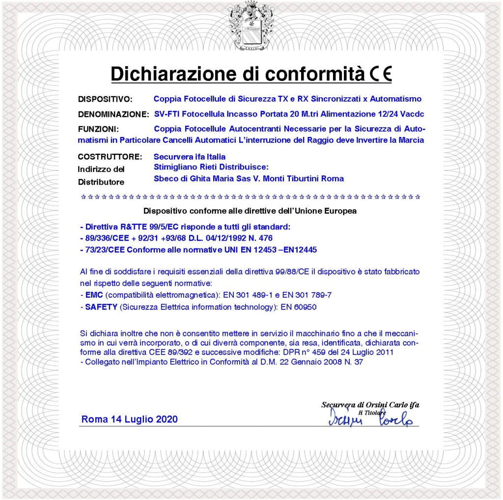 Fotocellule Universali da Incasso TX e RX Sicurezza Cancello Elettrico Automatico Portata 20 Metri IR6000IS Montaggio Incasso o Palina Alimentazione 12/24 Vac