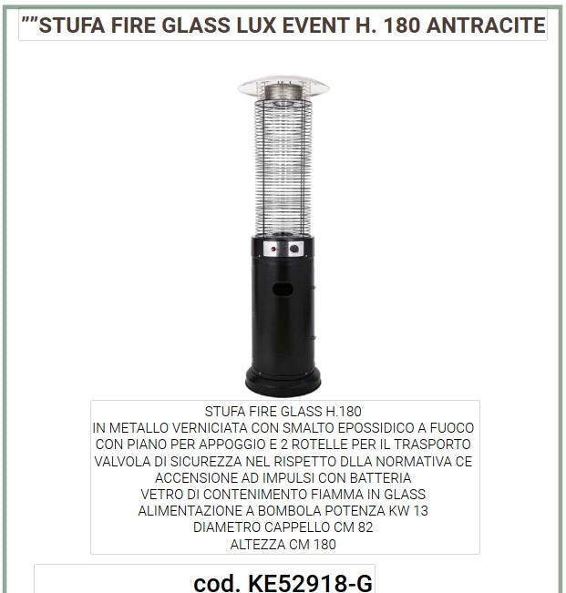 Ke grill ke52918/g stufa fire glass lux event h.180 fungo per esterni colore grigio gas bombola trasportabile potenza 13 kw 20mq