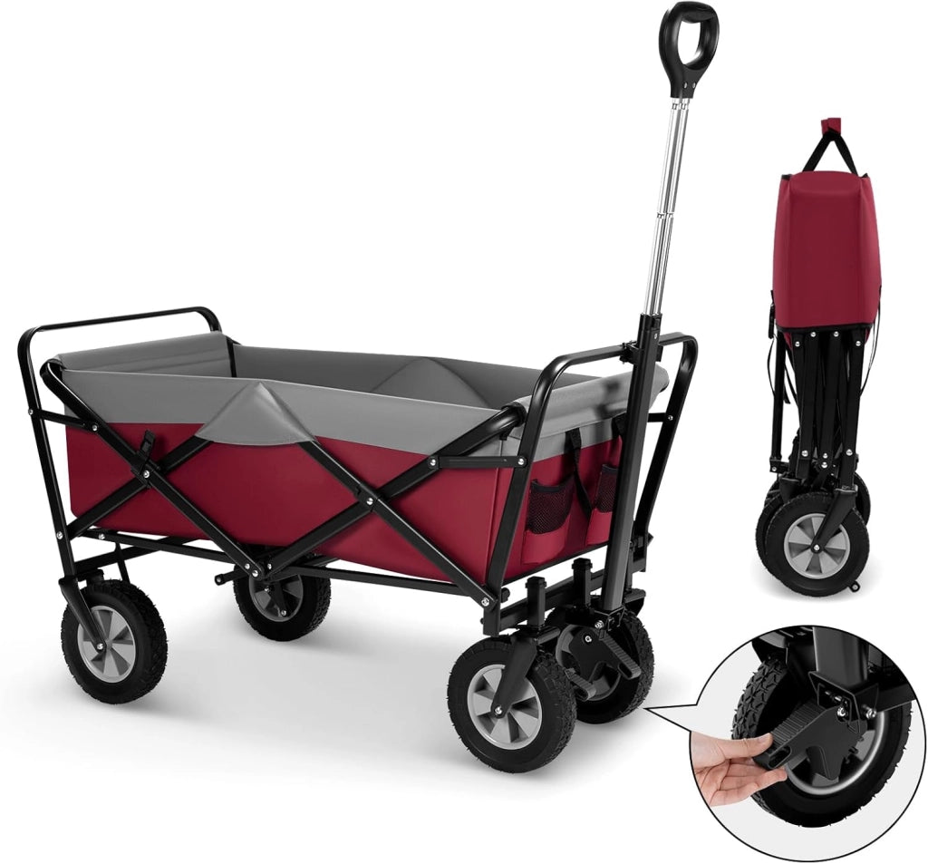 Carrello da Giardino Pieghevole, con Maniglia Regolabile, Carrello da Spiaggia Portatile con Tasche Laterali per Spesa, Picnic, Adatto a Vari Suoli, Portata 80 kg, Fucsia+Grigio