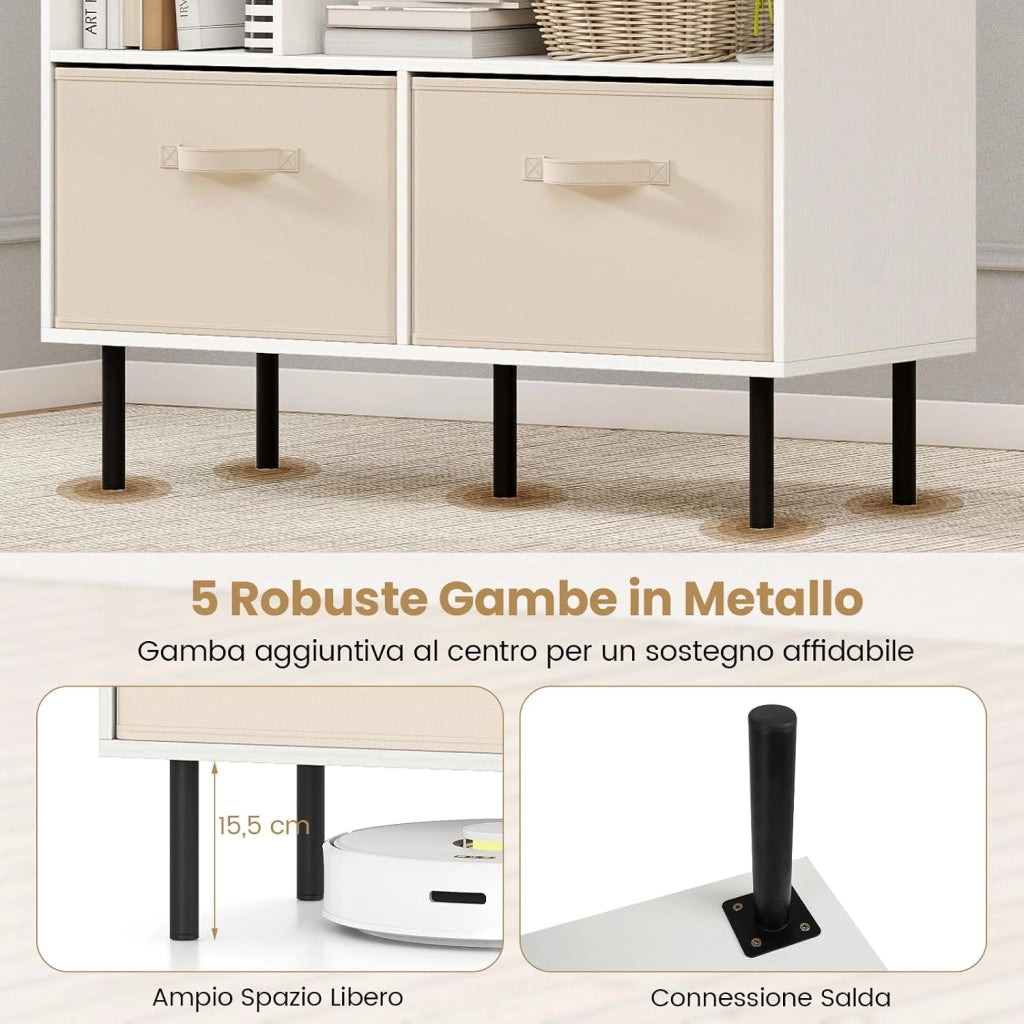 Libreria a 6 Cubi, Scaffale a 3 Livelli con 3 Cassetti in Tessuto Pieghevoli, Organizzatore Autoportante con Gambe in Metallo per Soggiorno, Ufficio, 90 x 40 x 105 cm (Bianco)