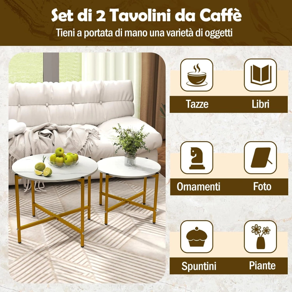 Set di Tavolini da Caffè Rotondi da 2 Pezzi, Tavolini Impilabili con Struttura in Metallo Robusta e Piedini, Ideale per Soggiorno, Ufficio e Balcone
