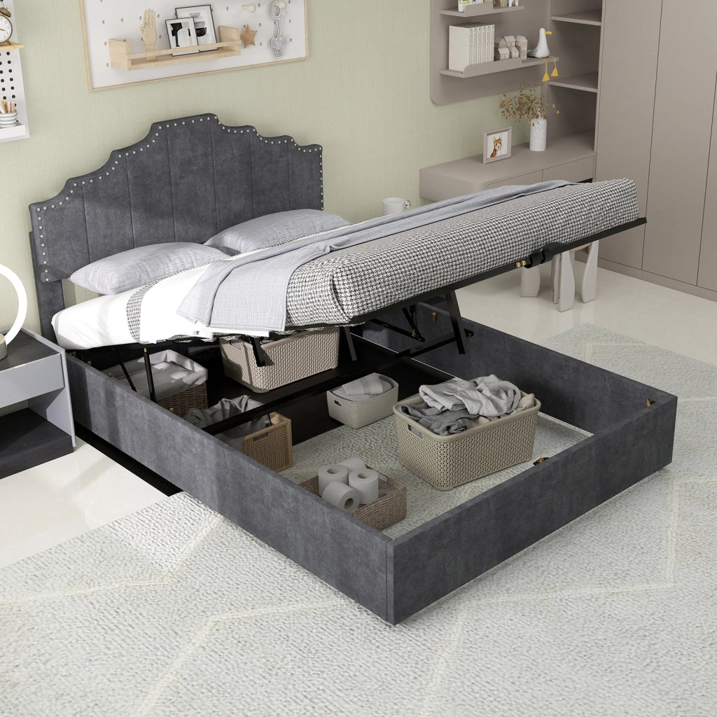 Letto Contenitore Imbottito ¨C MINIMAL ¨C Grigio 160x200 con Testiera, Idraulico