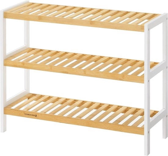 Sistema di conservazione per scarpe a 3 livelli, dimensioni ca. 55 x 70 x 25 cm, capace di contenere fino a 12 pair di scarpe, disponibile in colori bianco e naturale.