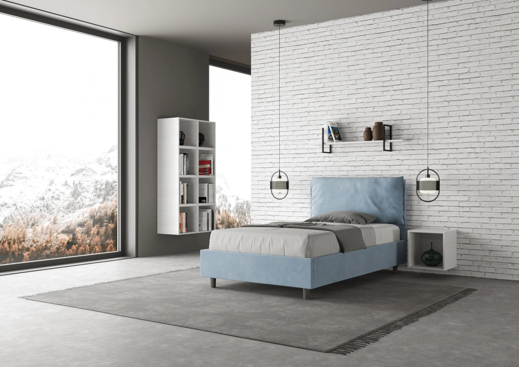 BS COM Letto una piazza e mezza con rete imbottito 120x210 microfibra azzurro