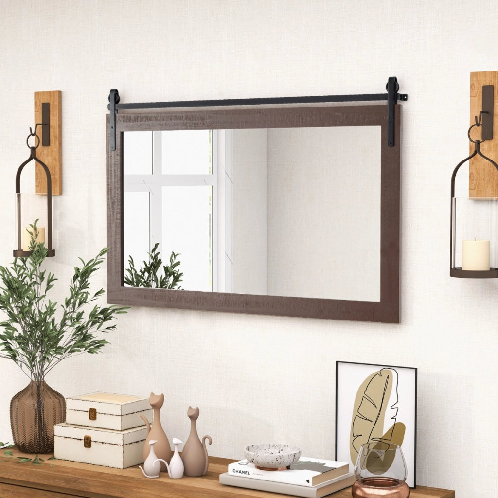 Specchio da parete con cornice in legno massiccio e staffa in metallo, Decorazione da parete in stile rustico Noce-Specchi da parete