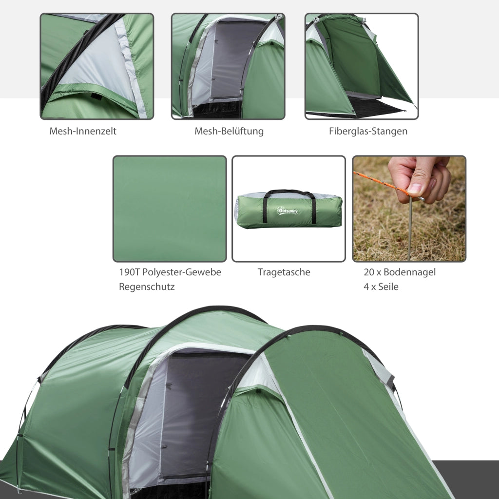 Tenda tunnel per 2-3 persone; tenda da campeggio 190T con perni; fibra di vetro e poliestere; verde scuro; 426x206x154cm per avventure all'aperto