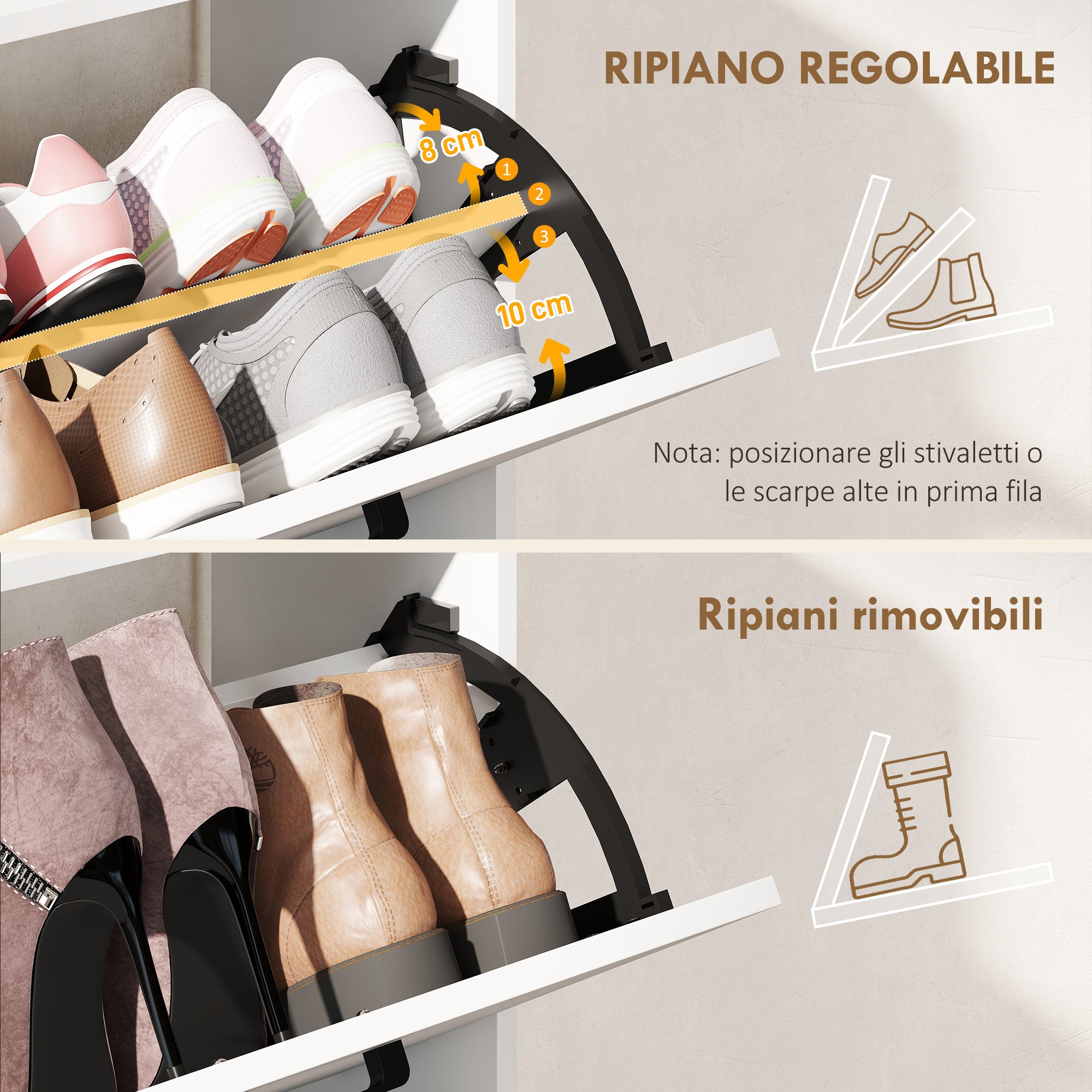 Scarpiera Slim 83x24x90.5 cm per 15 Scarpe con 2 Cassetti Ribaltabili e 3 Vani Aperti Bianco