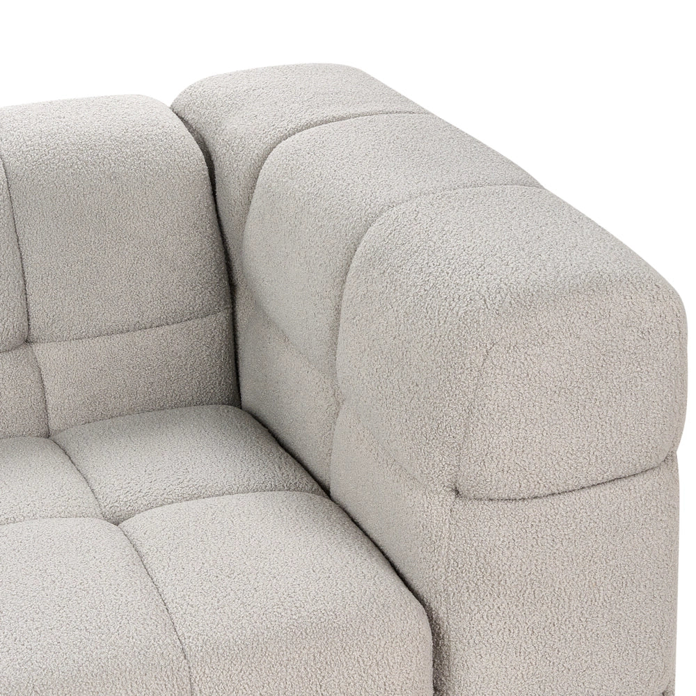 Divano imbottito a 3 posti in tessuto poliestere boucle con gambe nere braccioli grigio chiaro stile moderno elegante