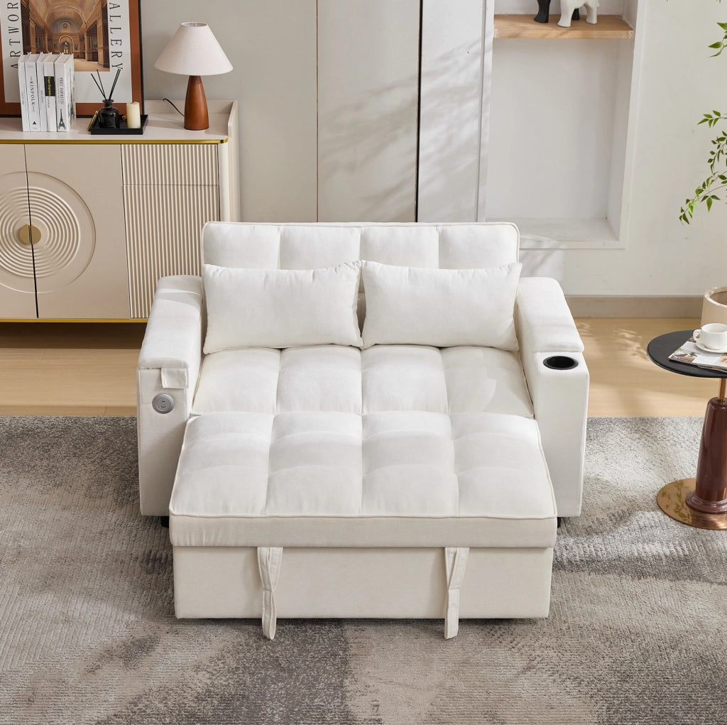 Divano letto con schienale regolabile; USB e Type-C in tessuto beige