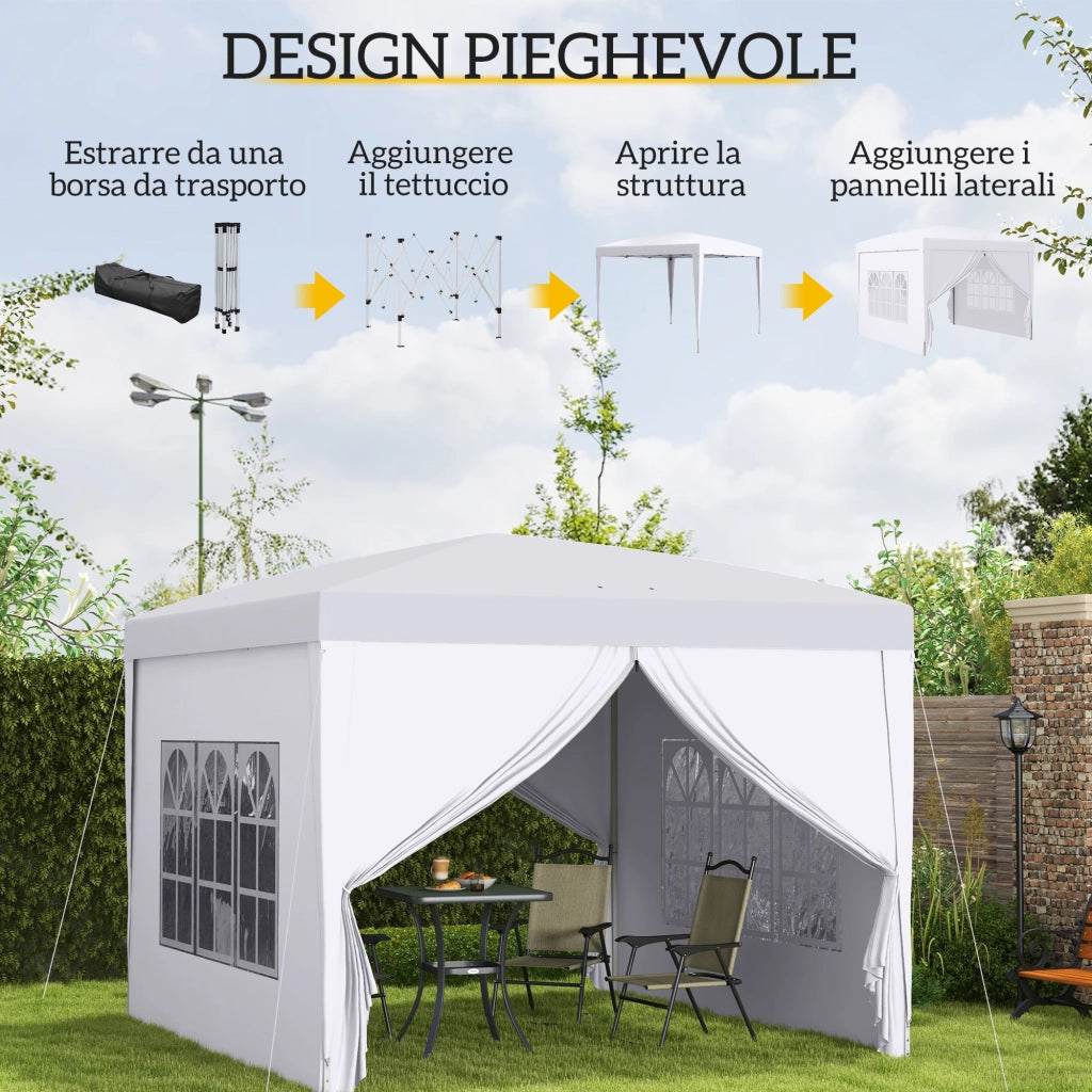 Gazebo 3x3 m Pieghevole e Impermeabile con Pannelli Laterali, in Acciaio e tessuto Oxford, Bianco
