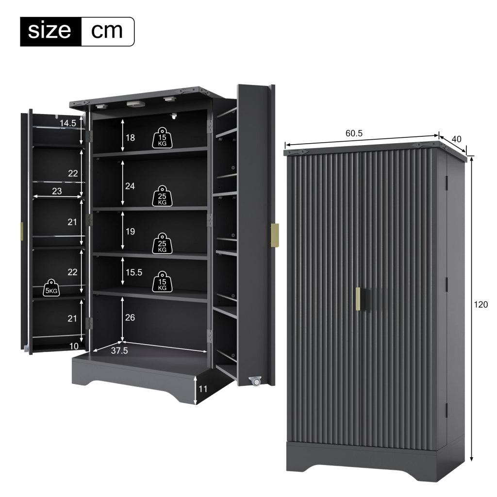 Dispensa alta con LED e ripiani regolabili con 2 ante e vani per cucina e soggiorno in MDF nero 120 × 60,5 × 40 cm