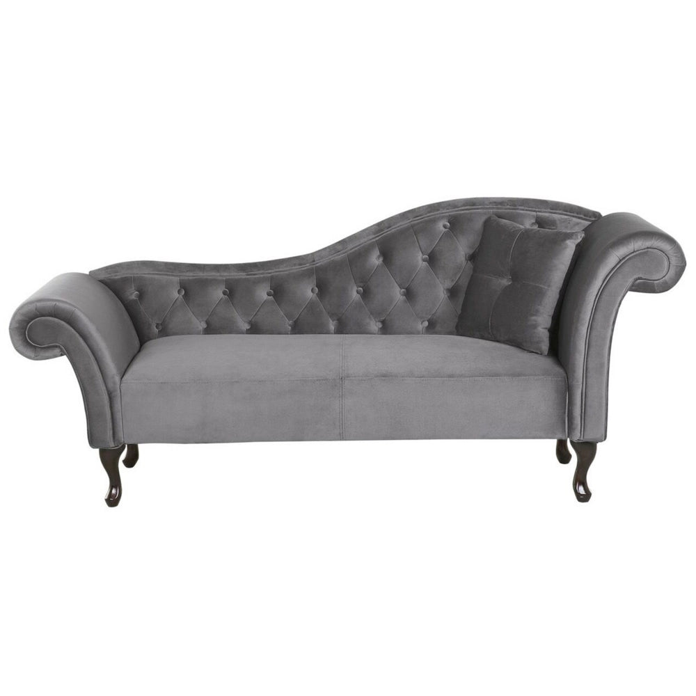 Chaise longue in velluto grigio con bottoni rivestimento trapuntato braccioli arrotolati a versione destra con cuscino