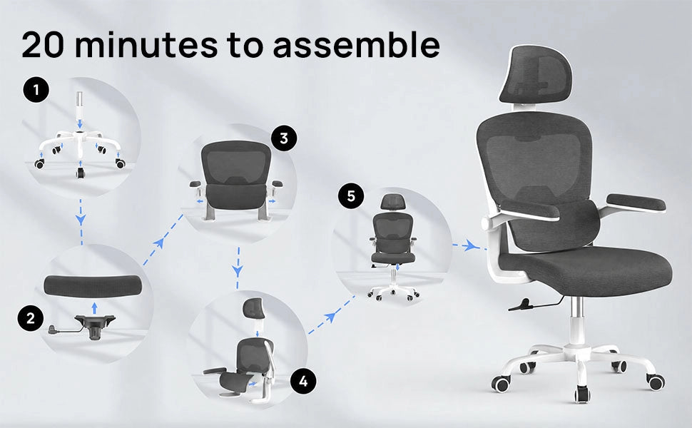 Sedia da ufficio ergonomica - Poltroncina HAMLODY - con braccioli pieghevoli a 90° - Supporto lombare - Regolabile in altezza Bianco