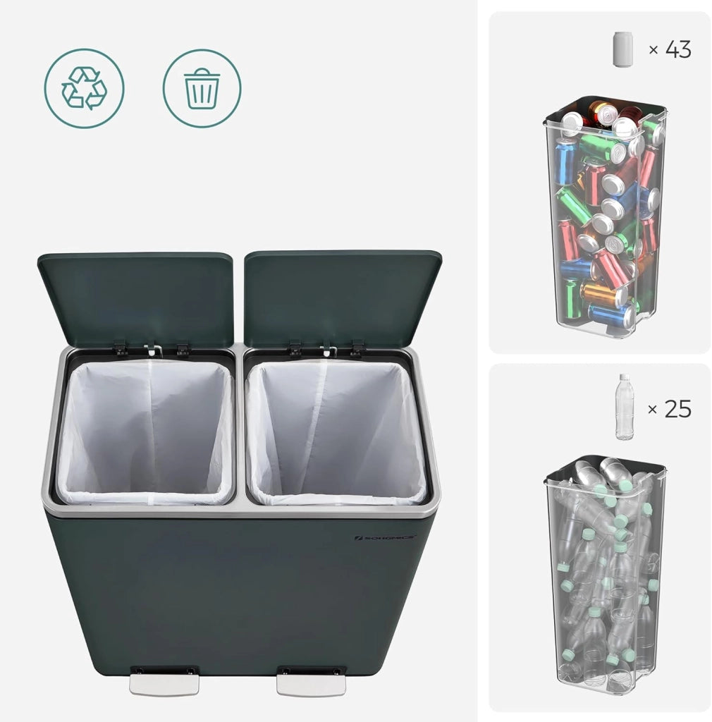 Pattumiera a 2 Scomparti, con 2 x 30L Secchi Interni per Spazzatura Differenziata, 15 Sacchi della Spazzatura, Pedali e Coperchi a Cerniera, Chiusura Morbida, Grigio Verdastro LTB60GS
