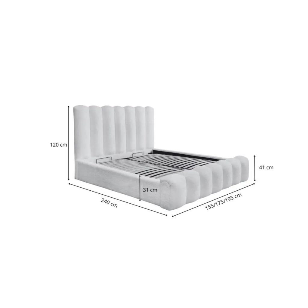 Letto con contenitore BADJA – Tessuto bouclé Perla d'alba – 140x200 cm – Rete sollevabile – Design di alta gamma