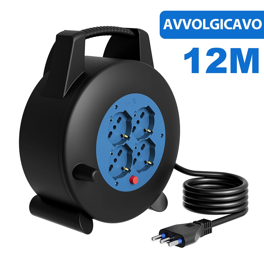 Avvolgicavo Multipresa 12 Metri con Interruttore di Protezione Prolunga 4 Prese