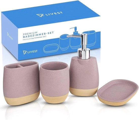 Set da bagno, 4 pezzi, organizzatore da bagno con contenitore per spazzola da denti, dispenser di sapone, contenitore per sapone, accessorio essenziale per la casa, decorazione da bagno elegante in policarbonato, lavanda