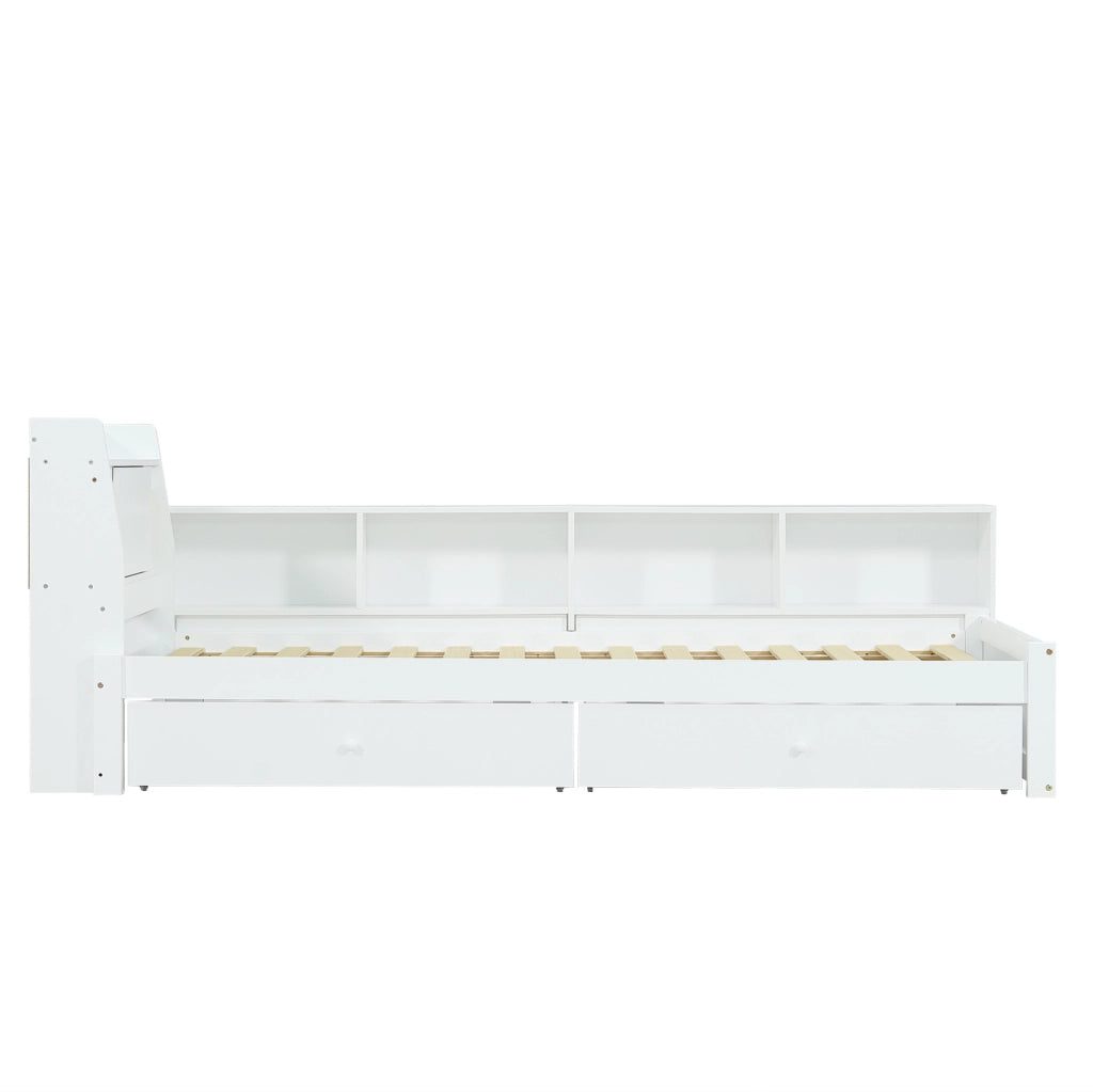 Letto singolo 90x200 cm con testiera con ripiano; cassetti e prese in legno bianco