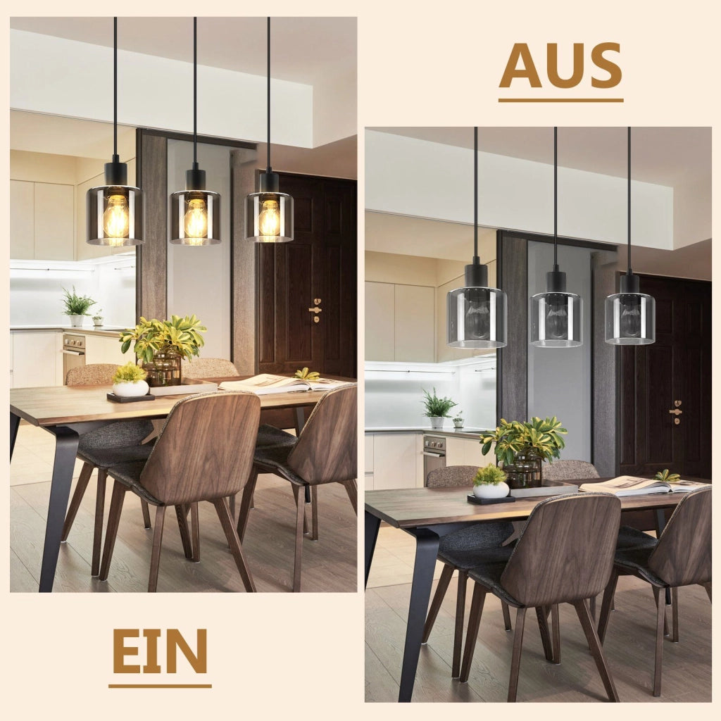 Lampada a Sospensione ZMH 3 luci vetro nero E27 vintage industriale retr¨° per soggiorno e sala da pranzo