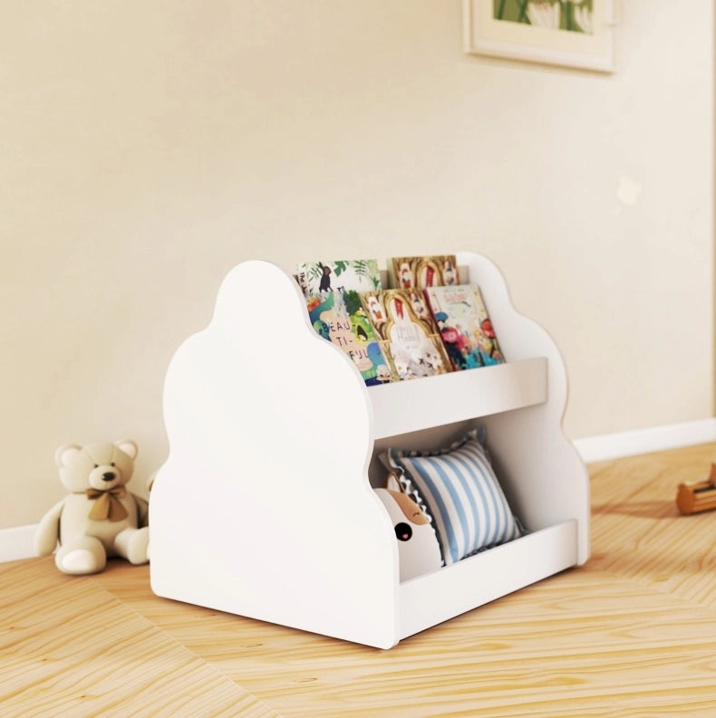 Libreria per bambini bifacciale su ruote in legno, bianca