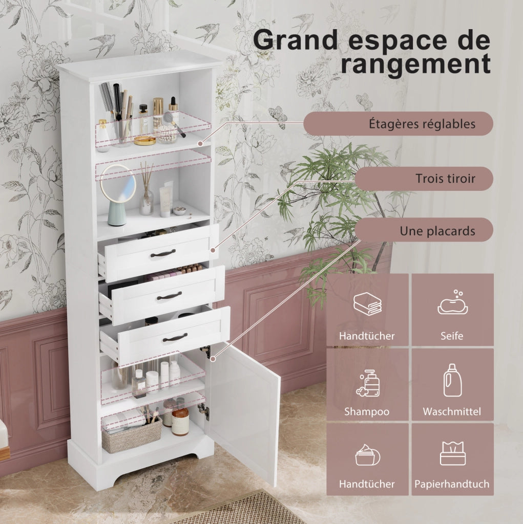 Mobile bagno alto 56x25;6x167 cm in MDF bianco con 3 cassetti e ripiani regolabili