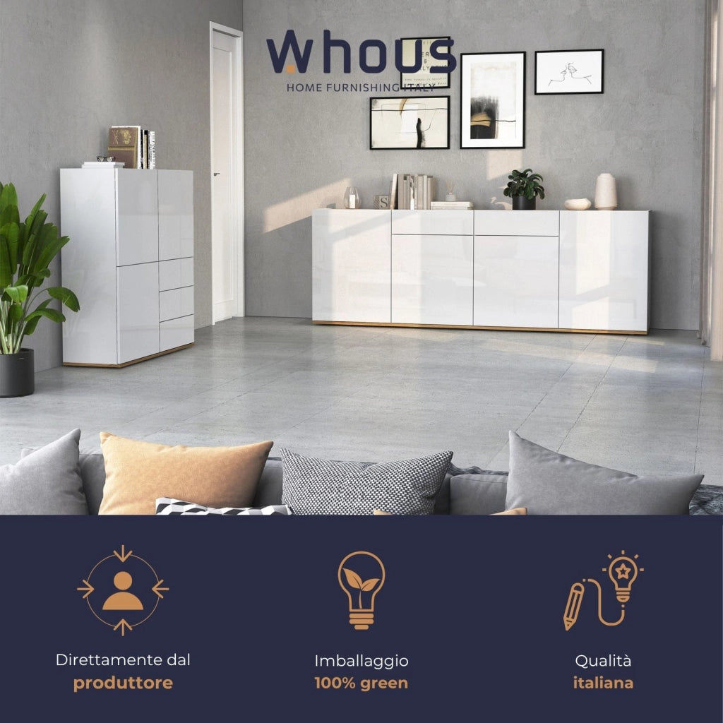 WHOUS Credenza Garda a 3 ante e 3 cassetti bianco lucido e rovere 102x35x110 cm