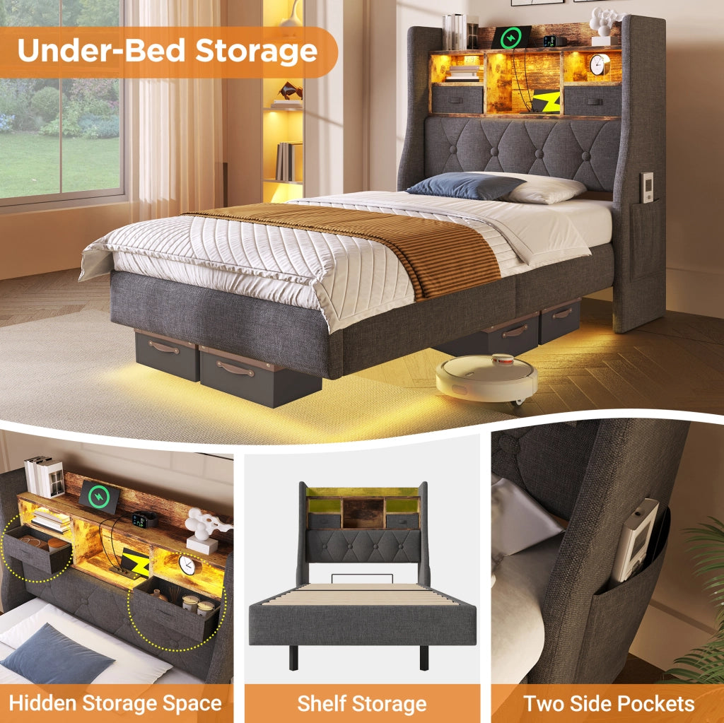 Letto matrimoniale 140x200 cm con LED; testiera con prese USB e Type-C; contenitore; lino grigio