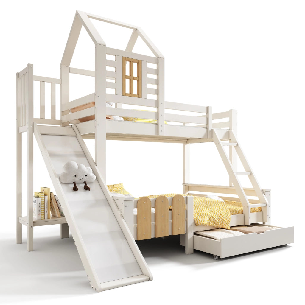 Letto a castello per bambini 90x200/140x200 cm con scivolo, scala, cassetto e rete a doghe