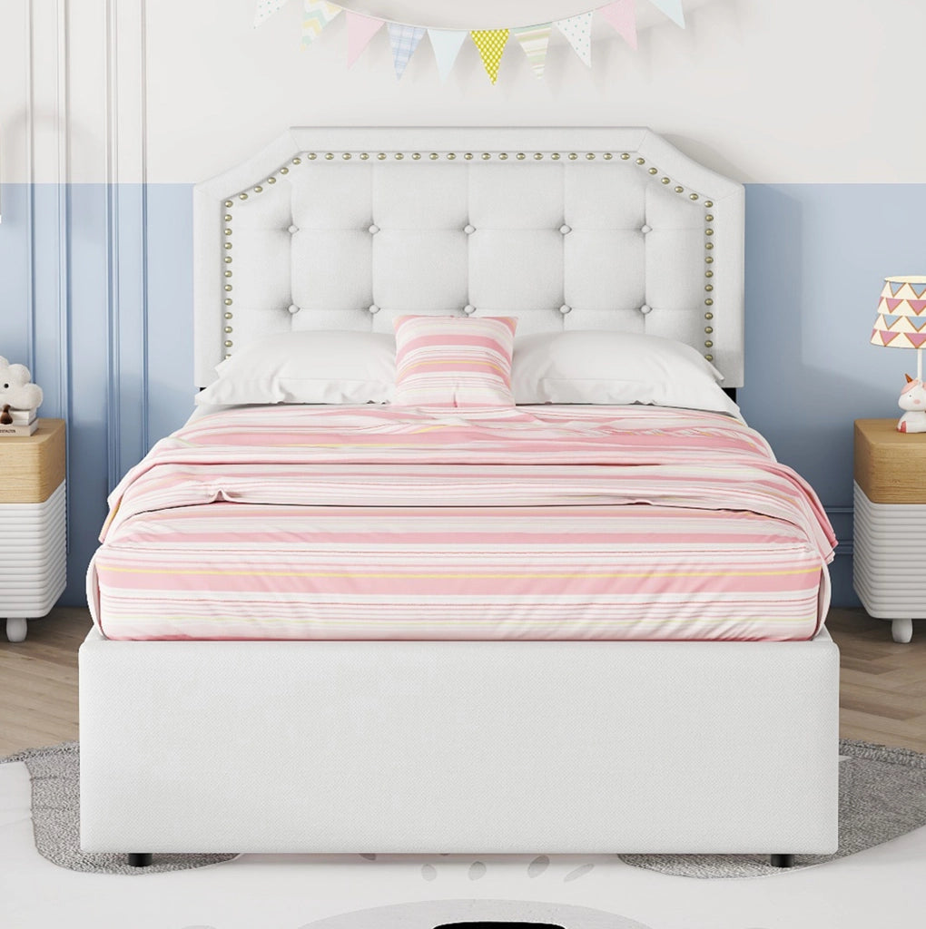 Letto imbottito 90x200 cm con cassetti; MDF e lino; beige chiaro