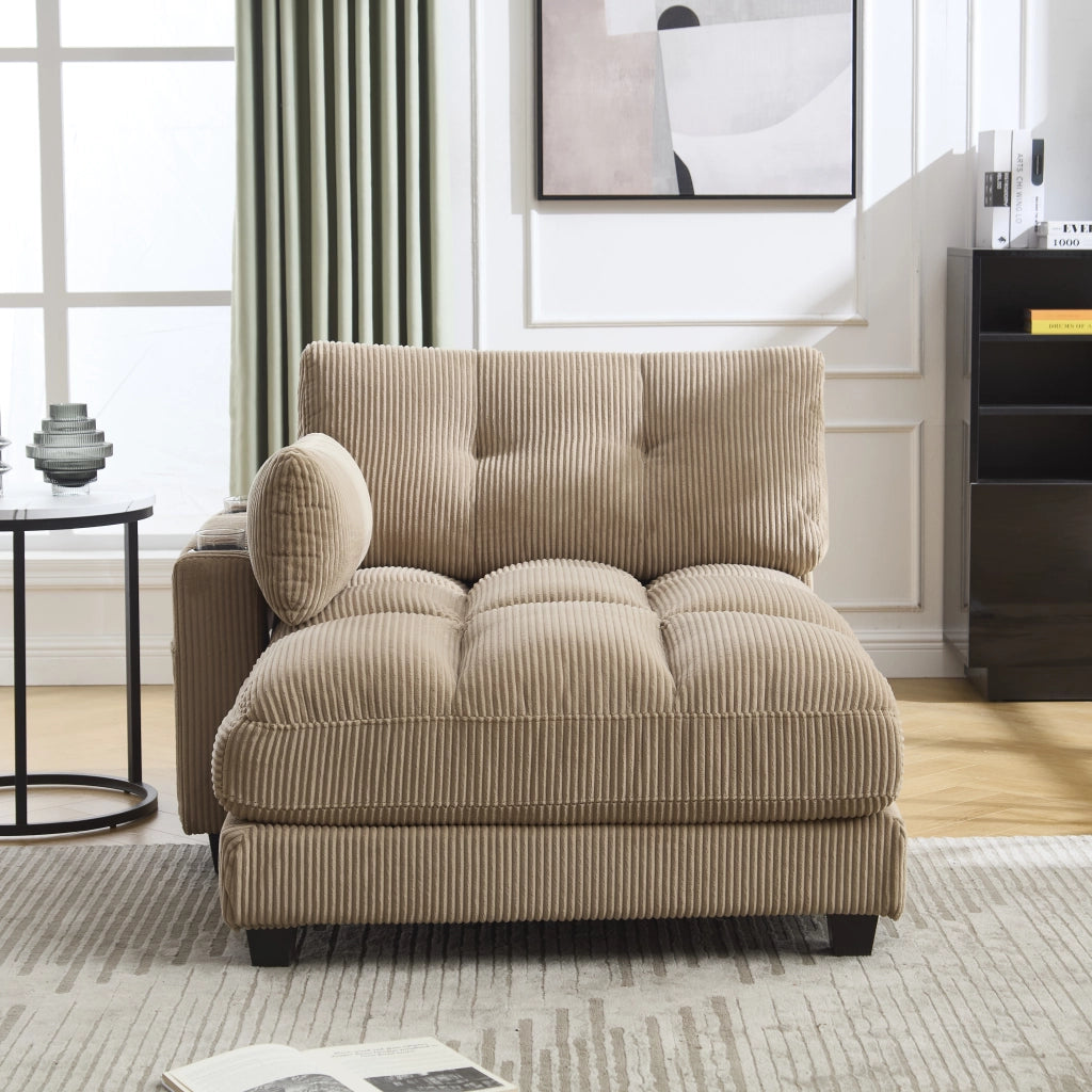 Poltrona Chaise Longue con Poggiatesta Regolabile, USB, 3 Portabicchieri e Tasca Laterale, in Velluto a Coste Cachi 140 × 112 × 81 cm