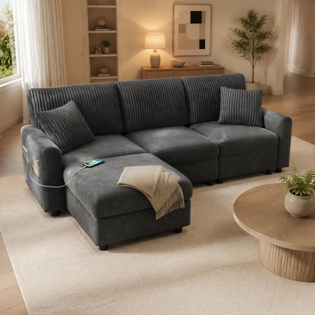 Divano Convertibile con 1 Porta USB, 1 Porta Type-C, Pouf, 2 Cuscini, in Chenille e Velluto a Coste, Grigio