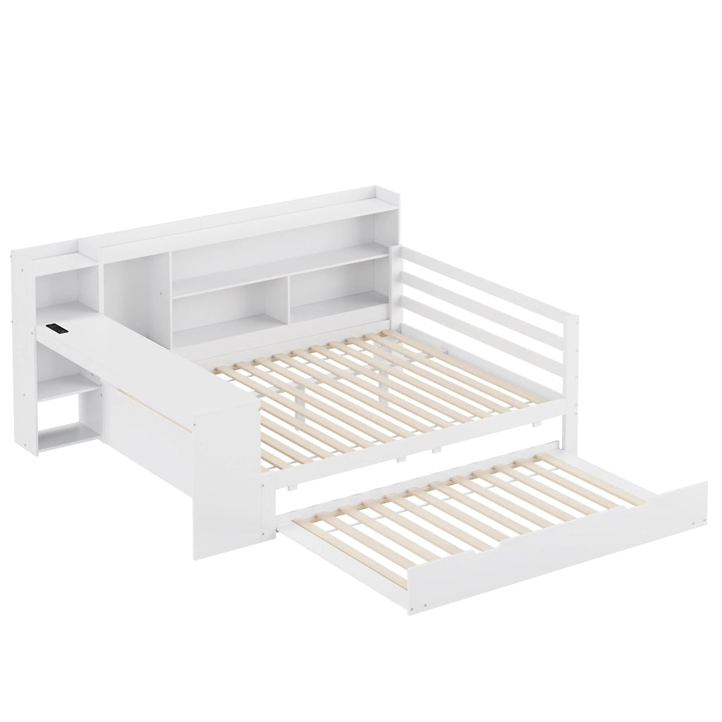 Letto estraibile matrimoniale 140×200 cm con scrivania; ripiani; USB; prese e vani portaoggetti; senza materasso