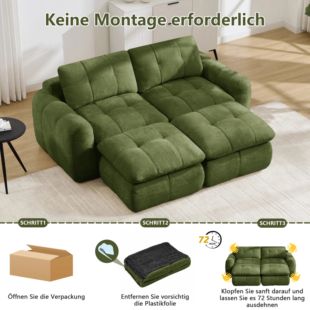 Divano modulare senza struttura in ciniglia con seduta ampia e morbida, 2 pouf, per soggiorno, verde 194 × 160 × 68 cm