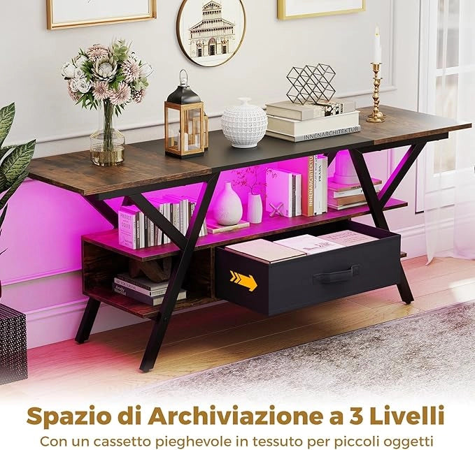 Mobile Porta TV per Schermo fino a 65'', Tavolo per TV con Luci LED Regolabili, Stazione di Ricarica e Telecomando, Consolle Media a 3 Ripiani con Cassetto per Soggiorno, 140x40x54cm (Marrone)