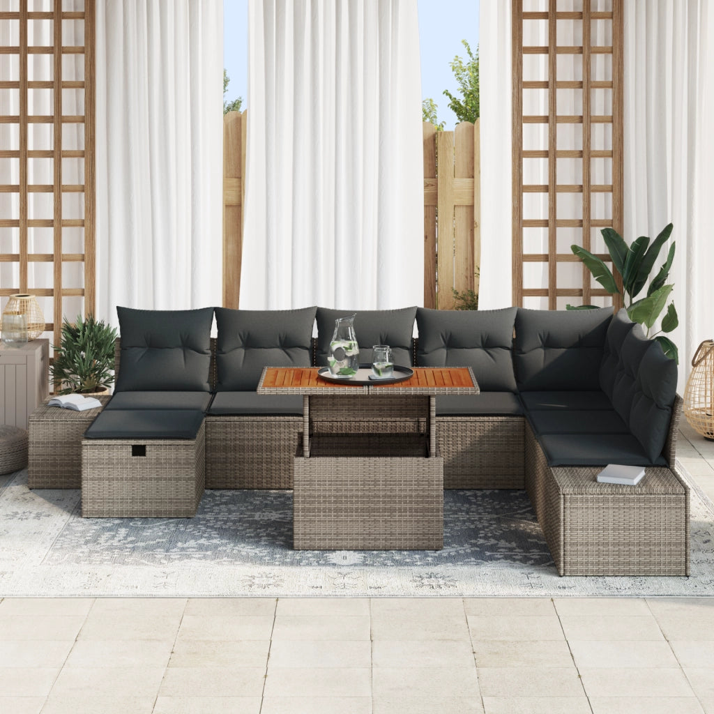 Set Divano da Giardino 9 Pezzi con Cuscini Grigio Rattan Sintetico