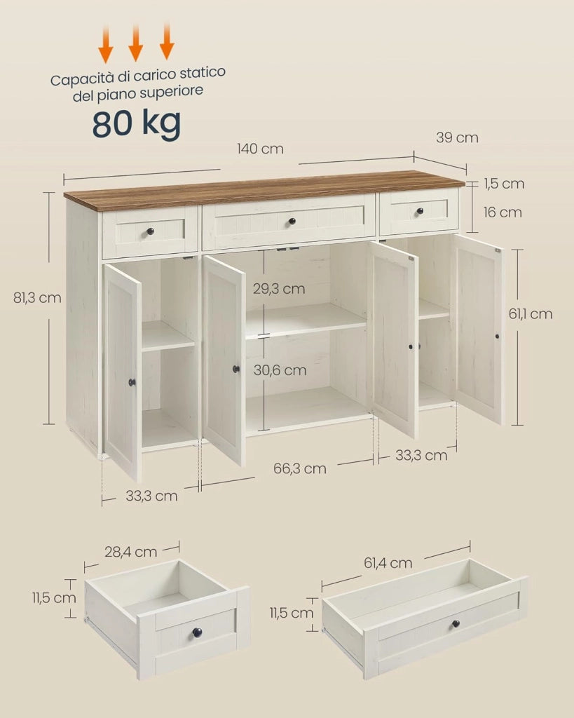 SONGMICS HOME Credenza Montaggio Rapido Senza Attrezzi Toolless, Montaggio Superveloce Senza Utensili, Mobile da Cucina con Piano, Buffet, Ripiani Regolabili, Bianco Vintage e Marrone Miele BBK376WJ02