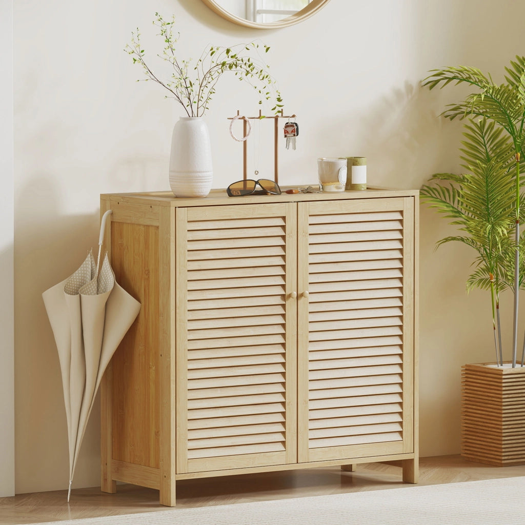 Armadio per Scarpe in Bamb¨´ ¨C Zephmum ¨C Porte a Persiana, Capacit¨¤ 14 Pares, Natural