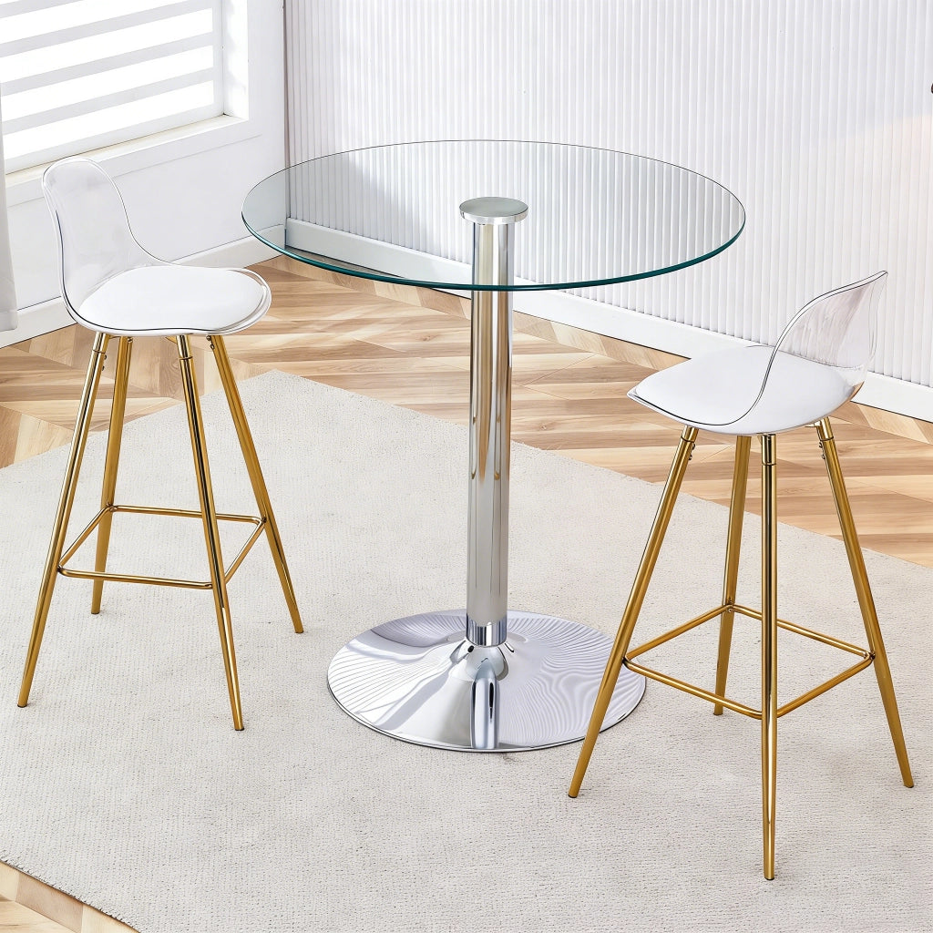 Tavolo da pranzo rotondo in vetro con 2 sgabelli da bar trasparenti e base in metallo per cucina e bar diametro 89 cm
