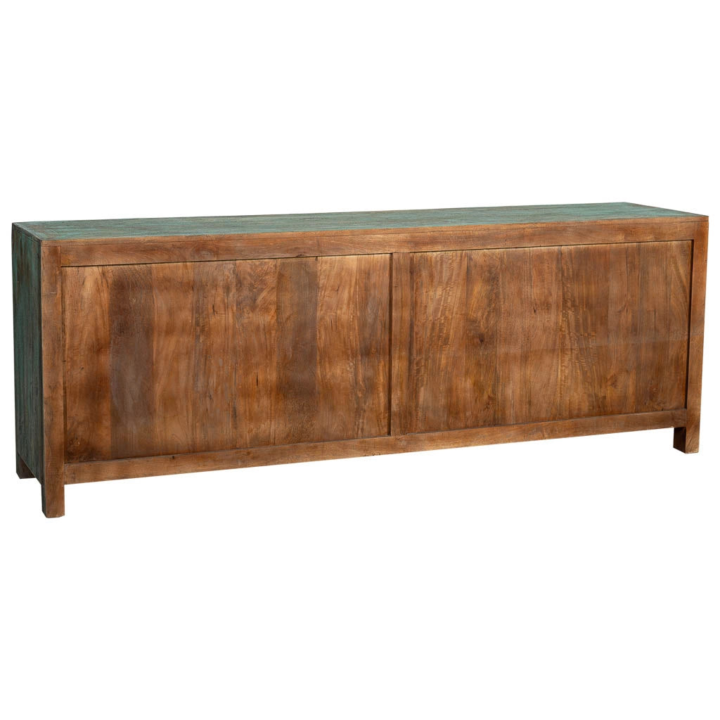 Credenza a 6 ante in legno con finitura verde anticato, cm 200x40x70h