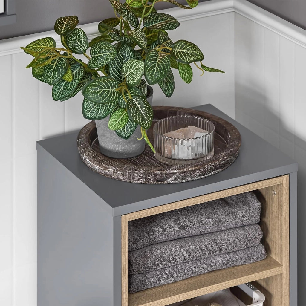 Mobile Bagno con Sacco Portabiancheria a Ribalta – Mobiletto Bagno Stretto con 2 Ripiani, Cesto Portabiancheria – Cesta per la Biancheria per Lavanderia, Grigio Scuro, 35x105x30cm BZR146-DG